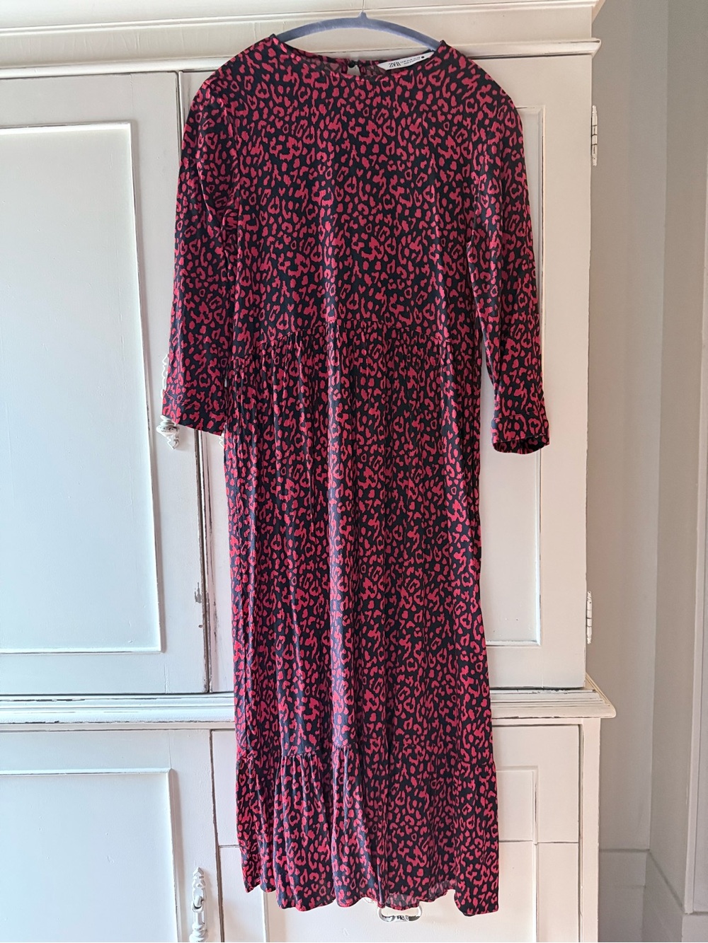 Zara Red and Black Long Sleeve Leopard Print Midi Dress